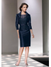 Navy Blue Lace Taffeta Mother Dress With Cape